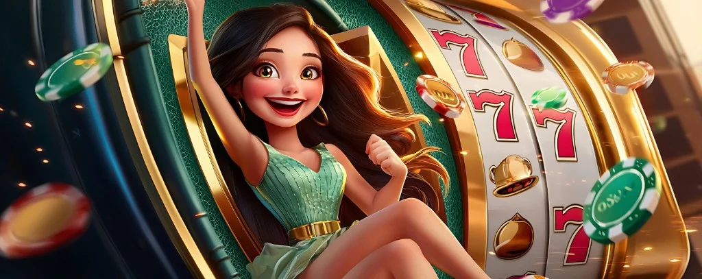 3D-style na larawan ng masayang manlalaro sa gintong slot machine na may lumilipad na chips — JILI slots sa Taya365